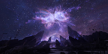 Cosmos, starry night, cliffs, landscape, art HD wallpaper