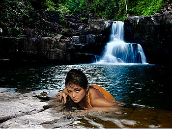Water nymph, blue, sexy, nymph, wet, climbing out HD wallpaper