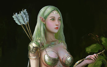 Archer, black, wang jia, green, fantasy, girl HD wallpaper