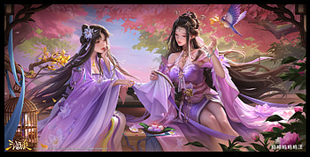 Fantasy girls, frumusete, pink, bird, fantasy, yiqian zhang, couple, girl HD wallpaper