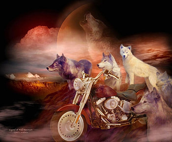 Legend of Wolf Mountain, artwork, bike, wolves, wolfpack HD wallpaper