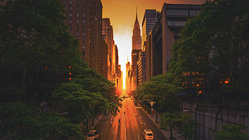 New York sunset, City skyline, Evening ambiance, Serene reflection HD wallpaper