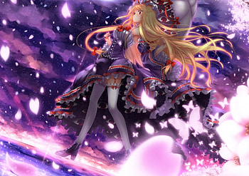Touhou, night, umberalla, walking, red eye, eyes, dress, artwork, anime, moon, sakura, flowers, sky, blonde hair HD wallpaper