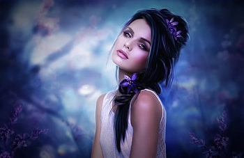 Beauty, blue, white, girl, purple, fantasy, portrait, flower, face, luminos HD wallpaper