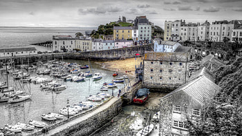 lovely tenby harbour wales in gray r, seaside, city, boats, r, harbor HD wallpaper