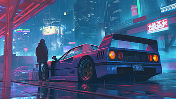 Cyberpunk Purple Ferrari F40 At Night, ferrari-f40, cyberpunk, car, alone, girl, artist, artwork, art, digital-art, ai, deviantart HD wallpaper