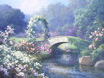 The Bridge of Memories, creek, bushes, rocks, arch, vines, bridge, stone, trees, flowers, water HD wallpaper