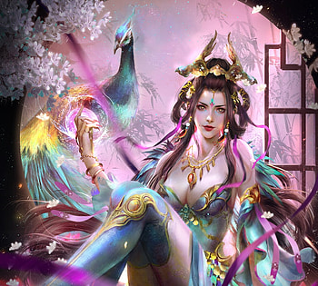 Fantasy girl, blue, frumusete, bird, art, liu tao, girl, liutao, pink, paun, fantasy, peacock, luminos, pasari, princess HD wallpaper