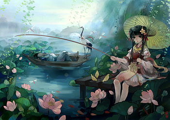 :), parasol, girl, water, lake, lotus, boat, summer, pink, fantasy, green, flower, vara HD wallpaper