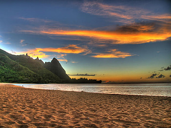 Sunset, sea, cloud, beach, mountain HD wallpaper