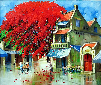 Anh Quang Сycling in the rain, painting, art, street, anh quang, tree HD wallpaper