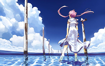 endless path, clouds, girl, sky, water HD wallpaper