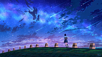 Anime Schoolgirl Under Shooting Stars, anime-girl, clouds, cloud, sky, stars, girl, artist, artwork, art, digital-art, pixiv HD wallpaper
