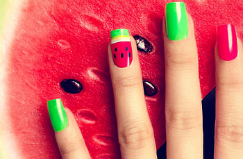 Fency nails, fency, nails, green, red, fruit, watermelon, woman, hand HD wallpaper