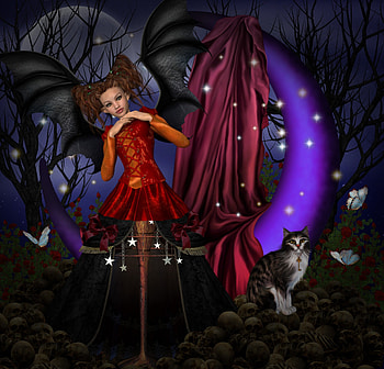✼F I R E F L I E S✼, colorful, beloved valentines, plants, kitty, cute, hanging, colors, stars, digital art, dress, butterflies, animals, bright, trees, crescent tutotrial, lips, female, wings, sweet, model, dead trees, other, cat, beautiful, dark, skulls, drape, pretty, crescent, girls, chains, hair HD wallpaper