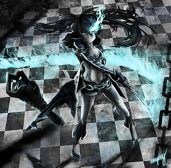 Kuroi Mato, games, long hair, brs, mato, female, shorts, checkered floor, mato kuroi, sword, blue eyes, black rock shooter, girl, weapons, black hair, anime girl, anime, video games, chains, boots HD wallpaper