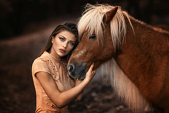 Cowgirl Hugging her Pony, cowgirl, horse, dress, brunette HD wallpaper