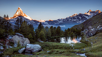 Lake Grindjisee, Zermatt, Switzerland, trees, rocks, alps, mountains, sky HD wallpaper