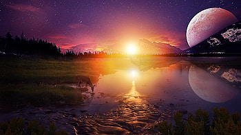 Otherworld, digital, moon, planet, landscape, nature, sky, sunset, lake, mountains HD wallpaper