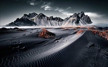 Vestrahorn Mountain, Iceland, 2 colour, sand, iceland, nature, mountain HD wallpaper