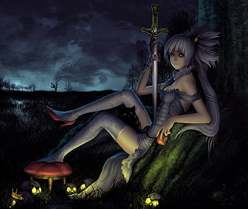 Princess And Princes, night, foot stool, sword, lounging, girl, cat, tree, skulls, crown, princes, princess HD wallpaper