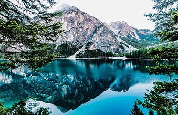 Forest Lakeside Stock , lake, nature, mountains, reflection, sky, snow, trees, water HD wallpaper