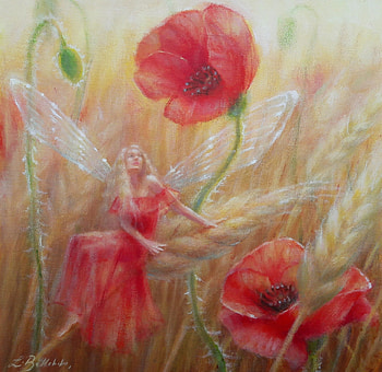 A Listening Ear, lynne bellchamber, art, girl, fairy, summer, painting, fantasy, poppy, red, flower, luminos, vara HD wallpaper