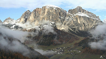 val badia in trentino alto adige italy, cliffs, valley, clouds, mountains, village HD wallpaper