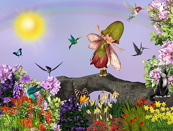 HUMMINGBIRD GARDEN, HUMMINGBIRDS, GARDEN, CREATION, ABSTRACT HD wallpaper