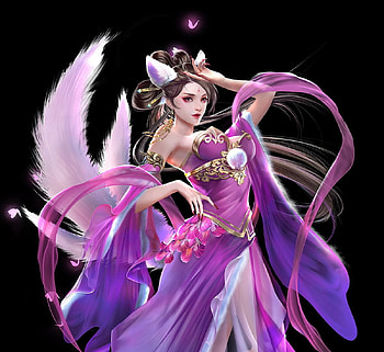 Ahri, frumusete, pink, black, kumiho, fantasy, girl, fox, nine tails HD wallpaper