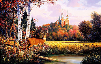 Sacred Refuge, artwork, cloister, painting, deer, autumn, trees, hill, pond HD wallpaper