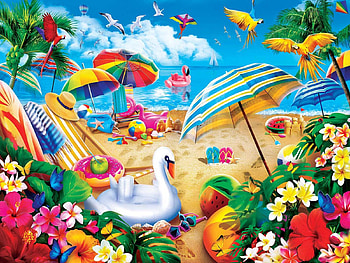 Weekend Escape, sea, digital, umbrellas, palm tree, parrots, art, flowers, beach HD wallpaper