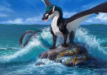 Art, Sea, Rock, Dragon, Wave HD wallpaper