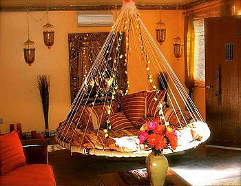 Ojai Hanging bed, mirror, design, bed, laterns, house, vase, beautiful, flowers, pillows HD wallpaper