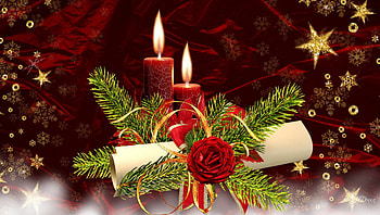 Christmas Candle Bright, feliz navidad, spruce, ribbons, paper, fir, silk, snowflakes, shine, christmas, red rose, bow, gold stars HD wallpaper