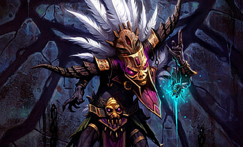 Demon, blue, mask, skull, witch doctor, halloween, feather, game, golden, white, magic, eyes, monster, diablo, pink, fantasy, light, fighter HD wallpaper