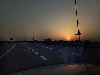 journey, sky, sunset, man made, road HD wallpaper