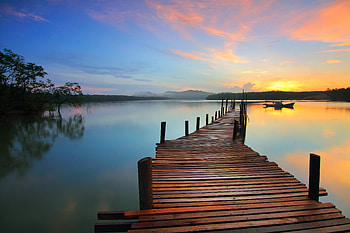 Lake Pier, pier, lake, nature, sunrise HD wallpaper