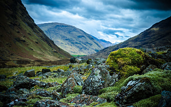 Nature, Stones, Sky, Mountains, Moss, Mainly Cloudy, Overcast, Hollow, Combe HD wallpaper