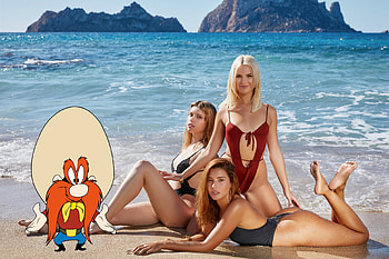 Yosemite Sam with his Ladies, bikini, cartoon, model, beach, smiles HD wallpaper