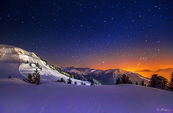Stars in the sky, winter, beautiful, stars, dusk, mountain, twilight, snow, valley, sky, sunset HD wallpaper