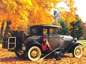 Ford Deluxe Coupe, autumn, girl, car HD wallpaper