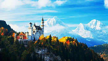 Bavarian Fairytale Castle Neuschwanstein, clouds, trees, building, germany, autumn, sky, mountains, alps, landscape HD wallpaper