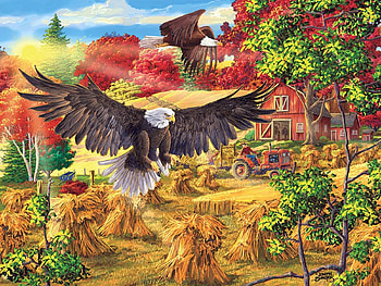 Golden Glory, straw, barn, painting, fall, trees, colors, tractor, eagles HD wallpaper
