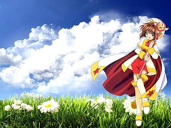 sakura in field of flowers, card captor, flowers, anime, sakura HD wallpaper