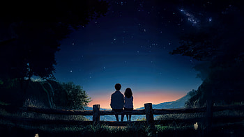 Couple Together Under Stars, love, couple, night, star, trees, artist, art, digital-art, artwork HD wallpaper