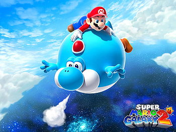 -Air balloon Yoshi - and Mario-, blue, yoshi, mario, red, sky, super mario galaxy HD wallpaper