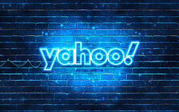 Yahoo blue logo, , blue brickwall, Yahoo logo, brands, Yahoo neon logo, Yahoo HD wallpaper