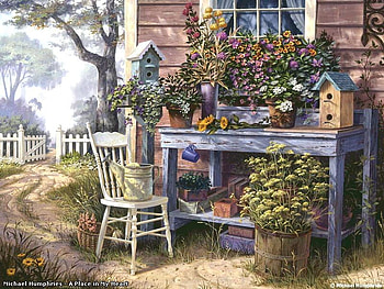 By Michael Humphries * A place in my heart, chair, painting, art, flower, michael humphries, garden, birdhouse HD wallpaper