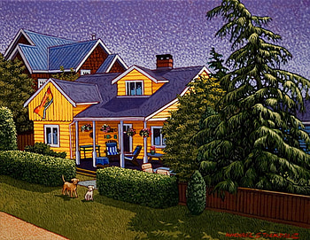Water front cottage-Michael Stockdale, painting, art, house, cottage, grass, michael stockdale, tree HD wallpaper